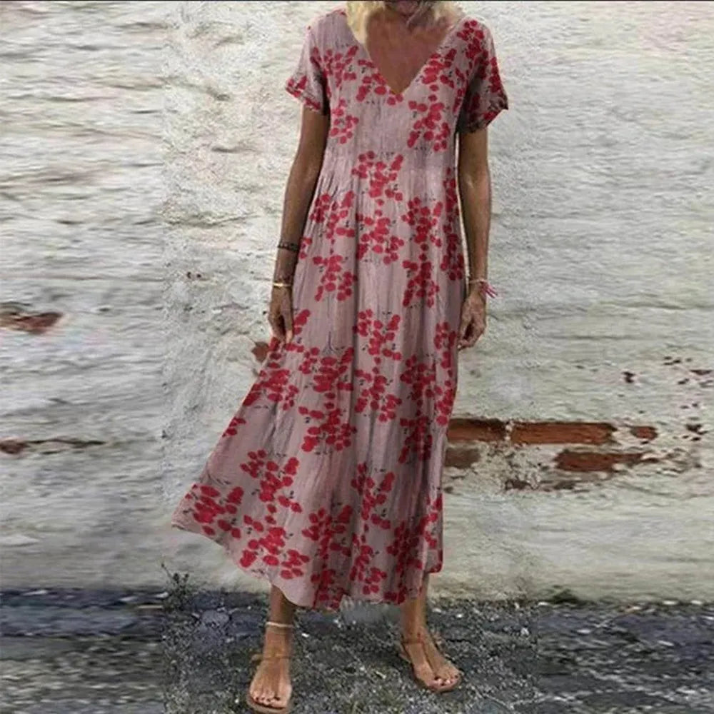 Women's Summer Dress with Flowers - V-Neck, Short Sleeves, Cotton and Rayon, Chic and Comfortable