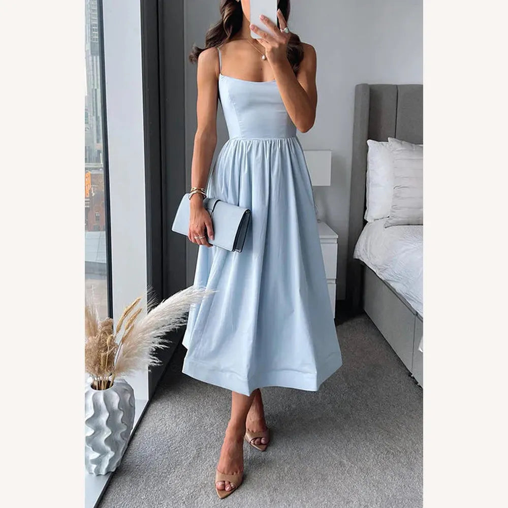 Women's Midi Fitted Dress with Spaghetti Straps – Elegant and Comfortable in Polyester