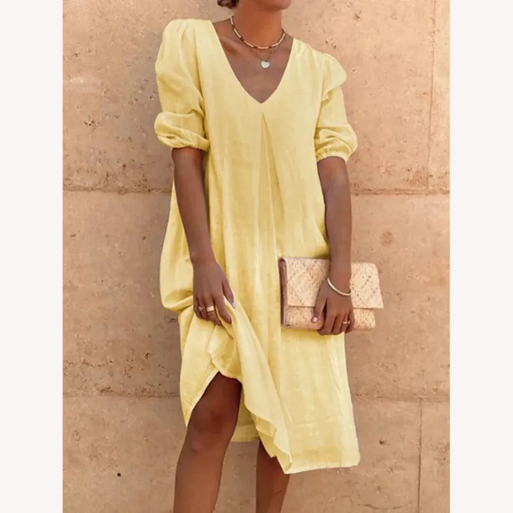 Robe Longue Femme en Lin à Col en V - Élégance Décontractée pour l'Été, Confortable et Légère