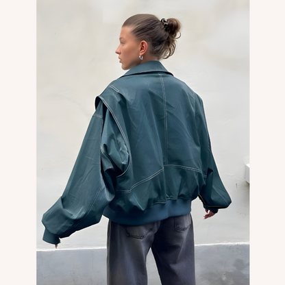 Women's Oversized Bomber Jacket Red Size M Vegan Faux Leather