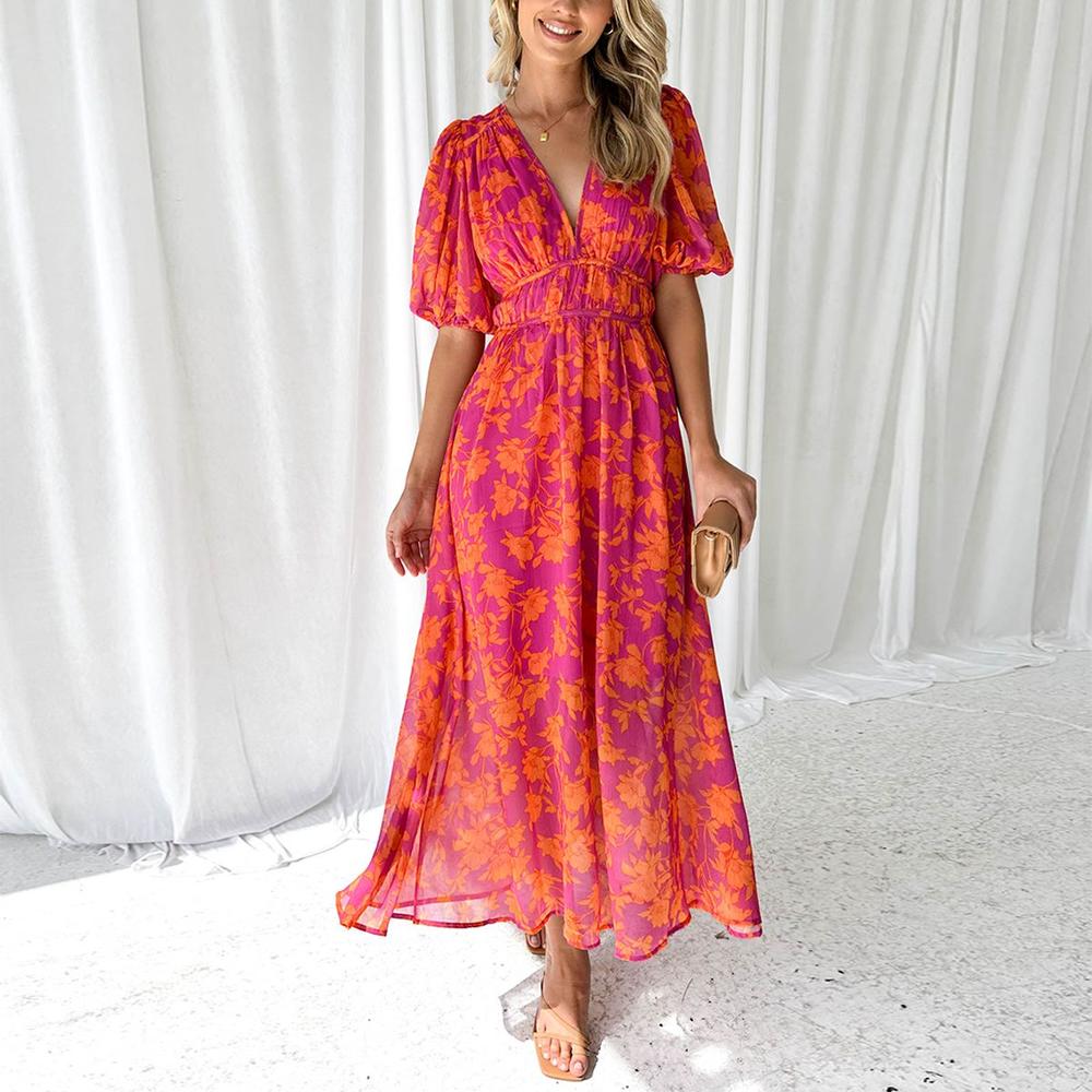 Robe Longue Femme Élégante à Col en V – Robe Maxi Été en Tissu de Haute Qualité, Idéale pour Toutes Occasions