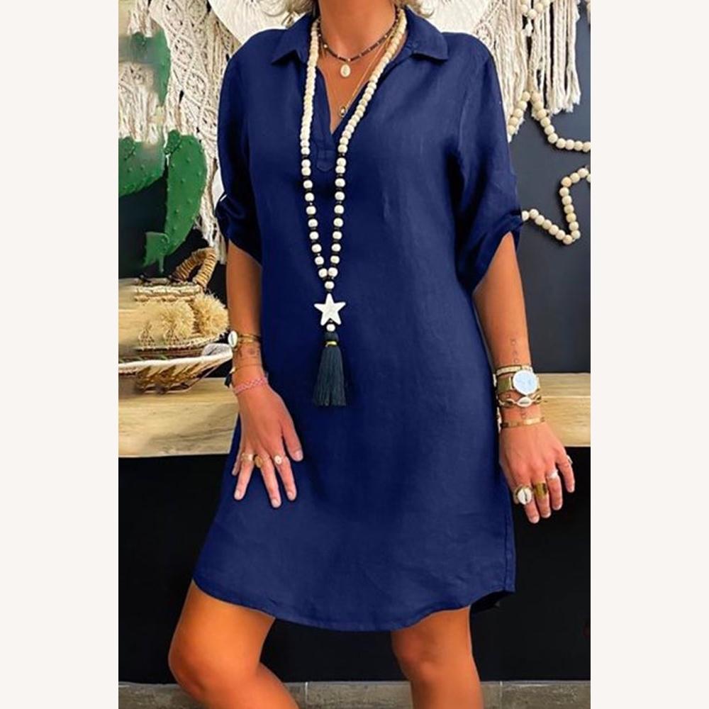 Robe Chemise Femme Longue à Manches Roulées en Coton – Élégante et Polyvalente pour Toutes Occasions