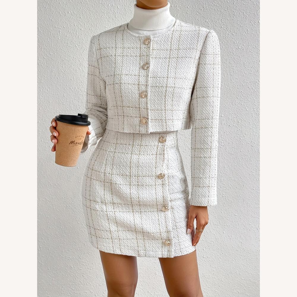 Structured Tweed Skirt and Jacket Set for Women – Chic and Elegant, High Waist, Gold Buttons, Ideal for All Occasions