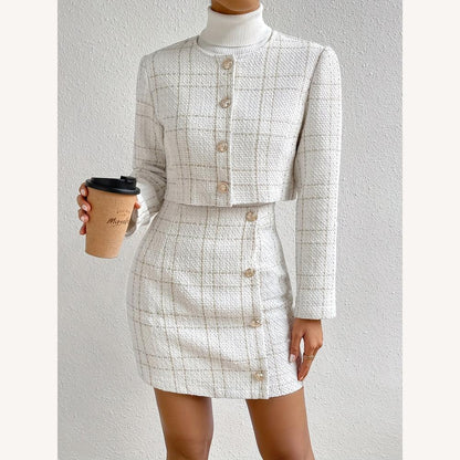 Structured Tweed Skirt and Jacket Set for Women – Chic and Elegant, High Waist, Gold Buttons, Ideal for All Occasions