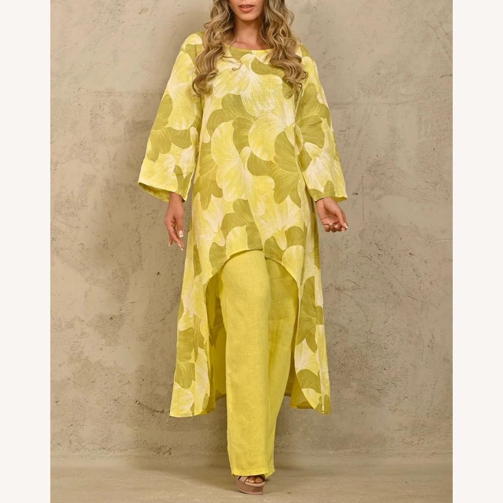 Ensemble Femme en Lin Léger avec Tunique Asymétrique et Pantalon Large – Style Décontracté et Élégant