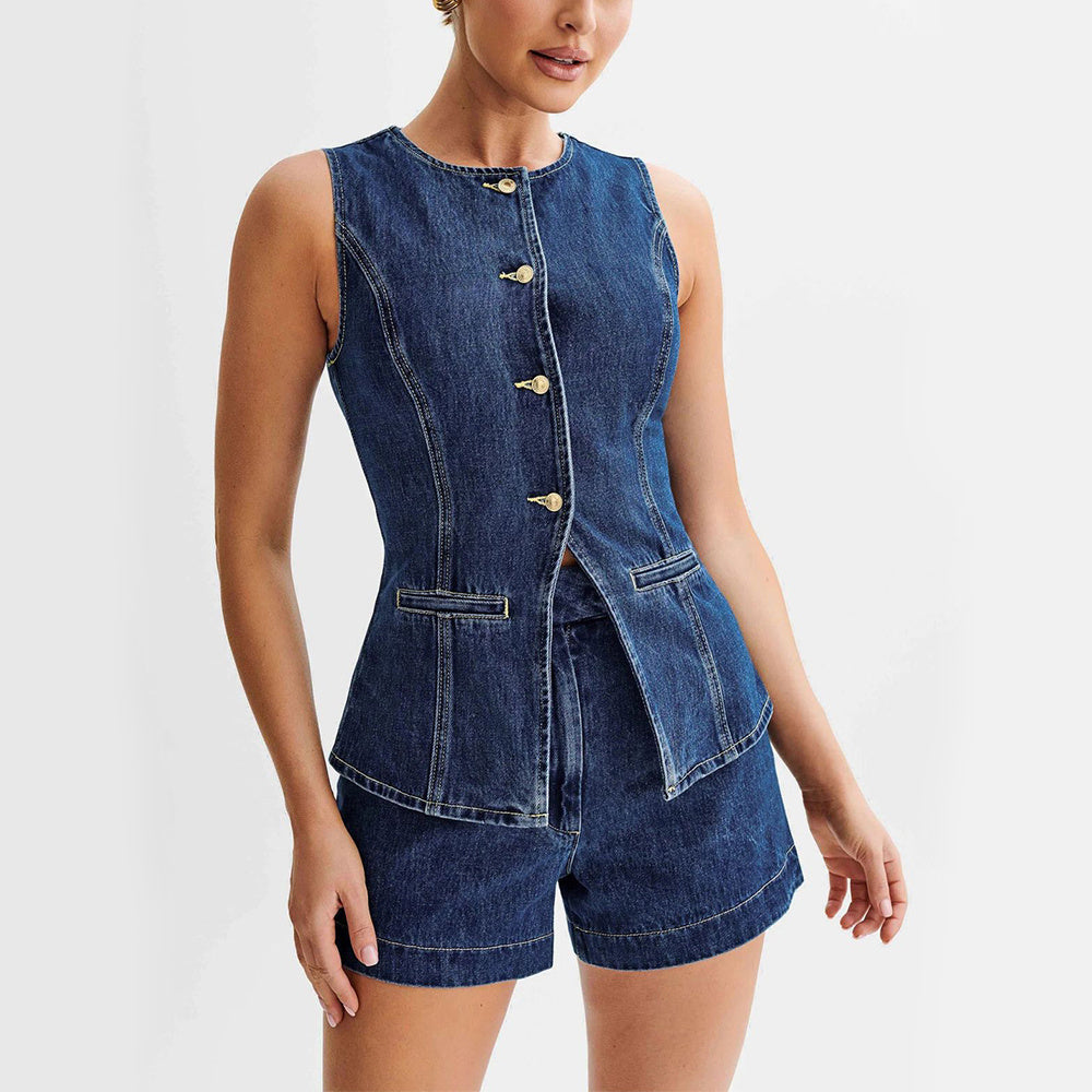 Women's Denim Set - Sleeveless Vest and High Waisted Shorts in Washed Blue Denim, Vintage Casual-Chic Style