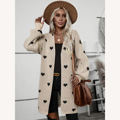 Long Women's Cardigan in Soft Knit with Black Heart Pattern – Comfortable and Casual for Autumn-Winter