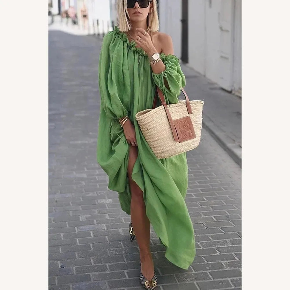 Robe Longue Femme Ample à Une Épaule - Chic et Décontractée en Couleur Unie, Idéale pour Toutes Occasions