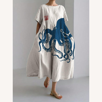 Long Women's Dress in Blended Linen with Japanese Pattern – Elegant and Comfortable for Summer, Available in S, M, L, XL