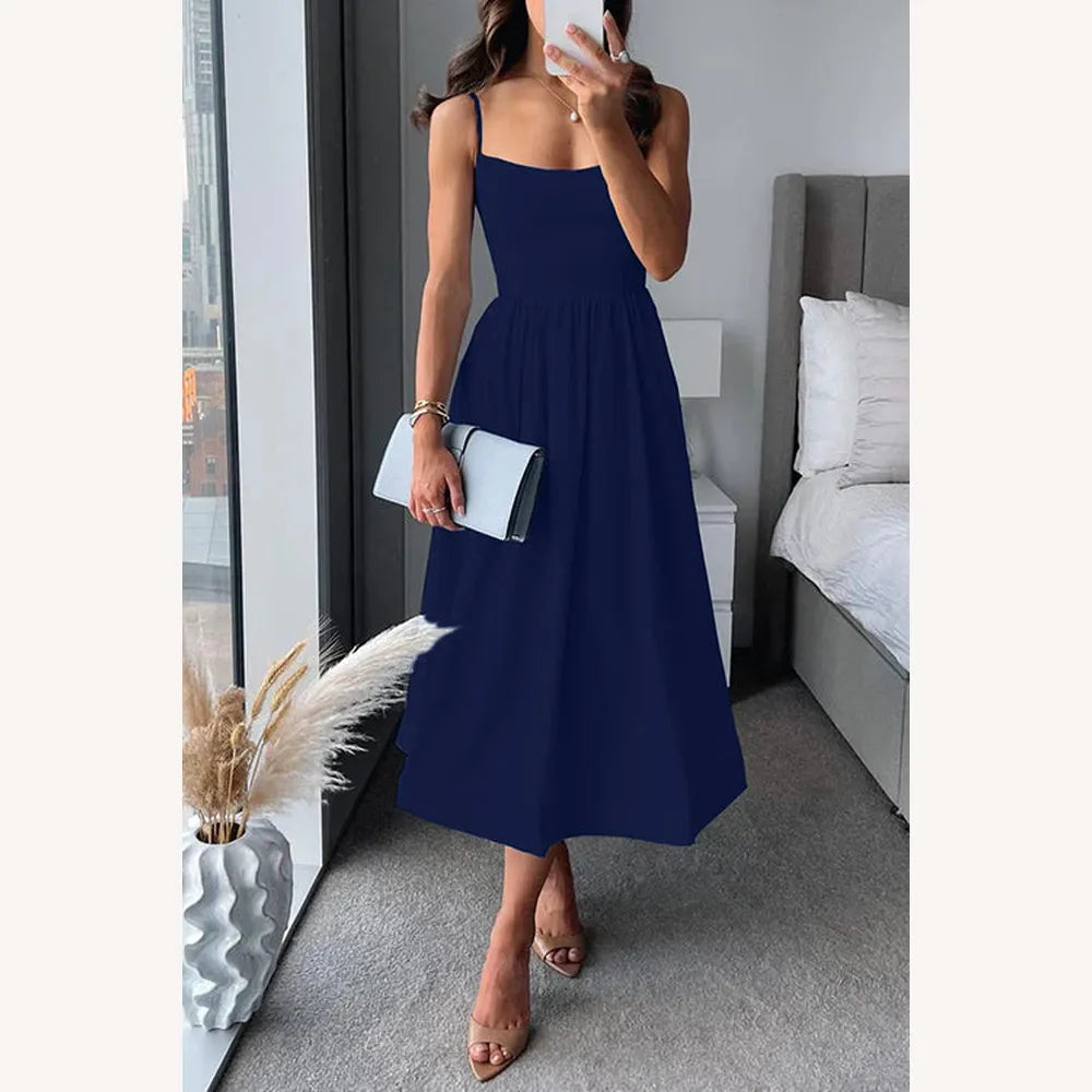 Women's Midi Fitted Dress with Spaghetti Straps – Elegant and Comfortable in Polyester