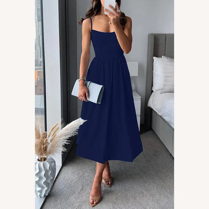 Women's Midi Fitted Dress with Spaghetti Straps – Elegant and Comfortable in Polyester