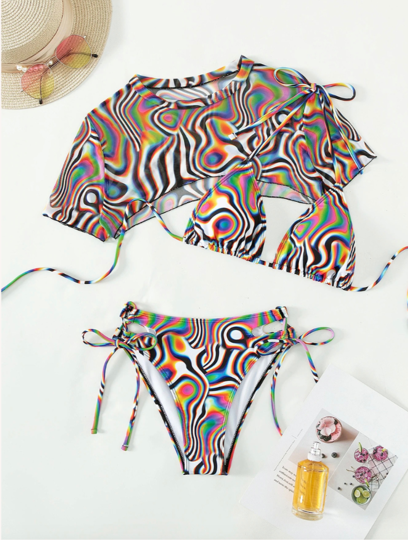 Maillot de Bain Femme 3 Pièces Imprimé Tourbillon – Style Bohème Chic, Confort Été, Tissu Respirant