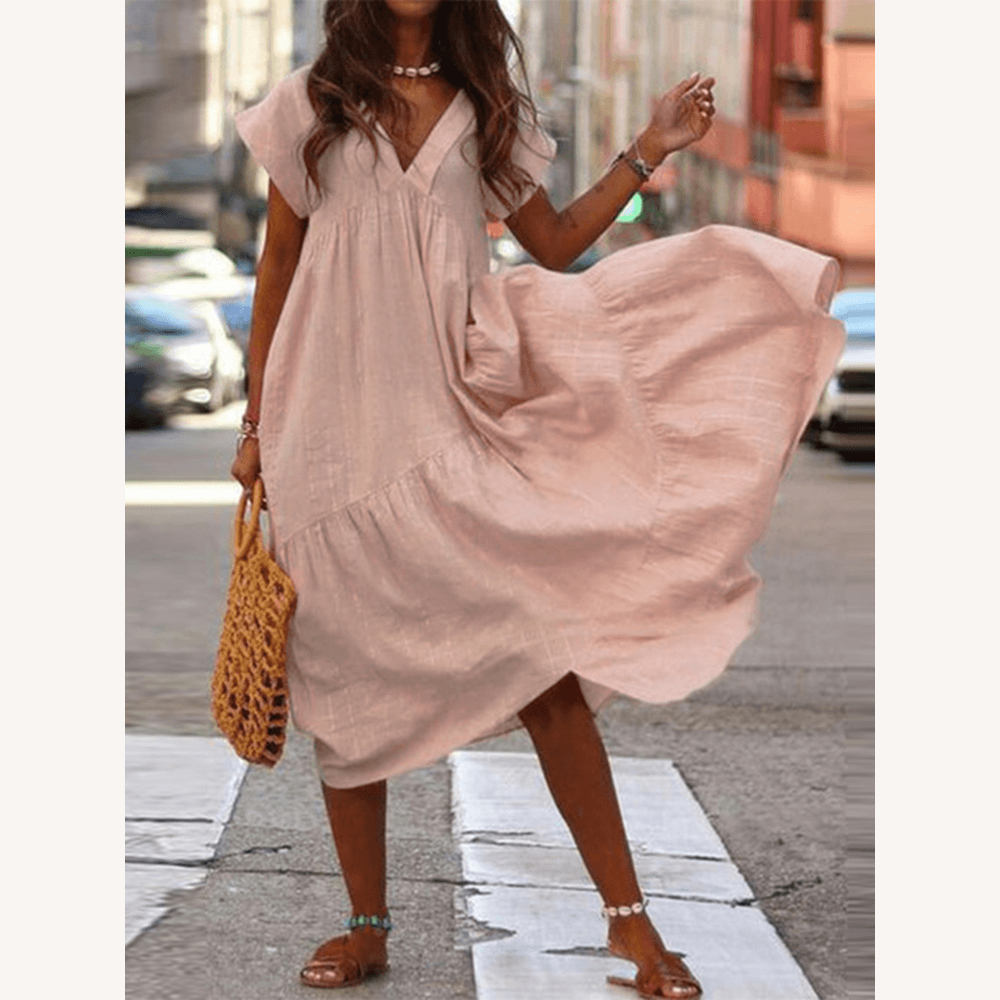 Robe Longue Femme Ample à Col en V – Tissu Léger en Rayonne et Polyester, Idéale pour Occasions Décontractées