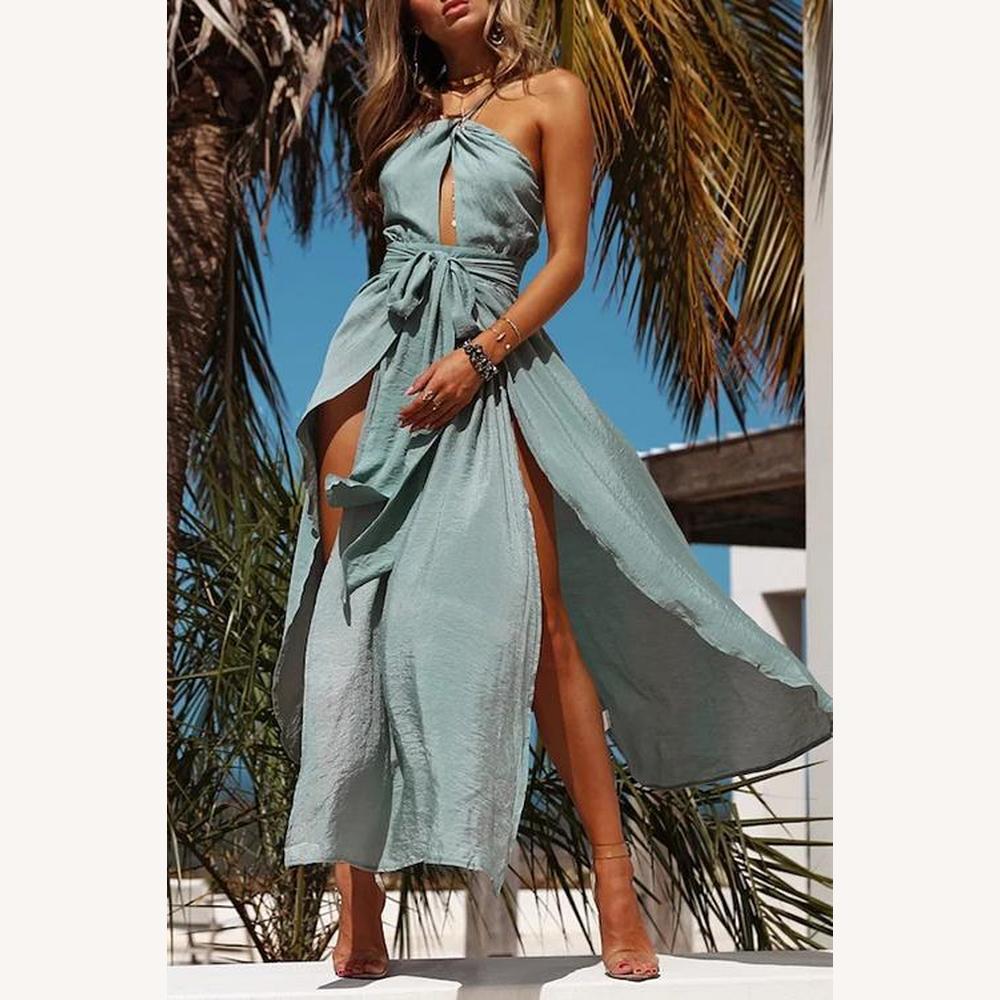Robe de Soirée Dos Nu Élégante avec Encolure Licou – Robe Longue Femme Style Ibiza