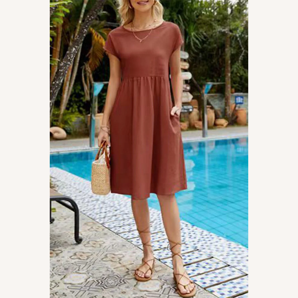 Women's Casual Short Sleeve Solid Patchwork Dress – Elegant A-line Silhouette in Cotton