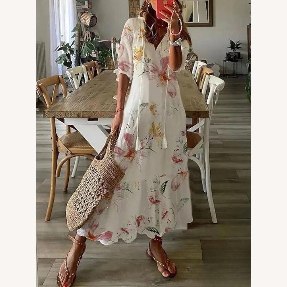 Robe Longue Femme Bohème Colorée avec Encolure en V et Manches Moyennes – Élégance pour Soirées et Occasions Spéciales