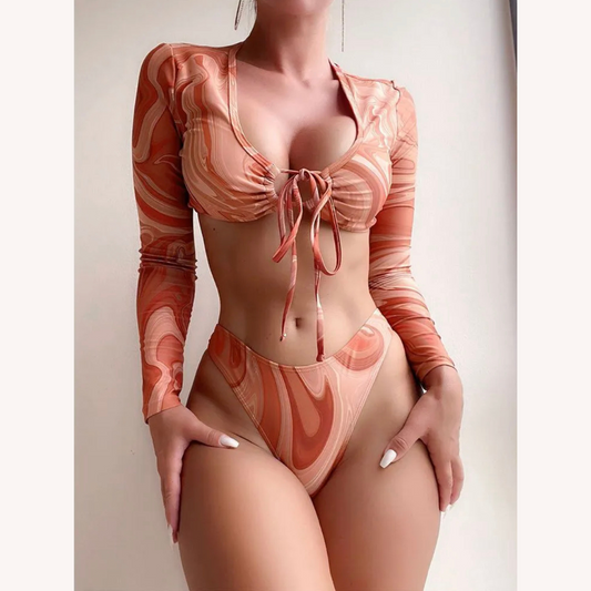 Long Sleeve Printed Tied Swirl Beach Bikini for Women – Chic Two-Piece Boho Swimsuit