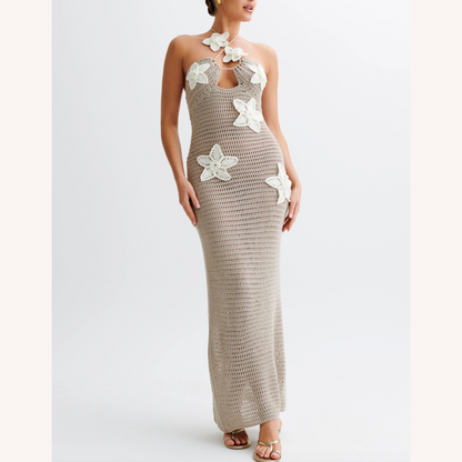 Long Women's Crochet Dress Blue – Elegant Bohemian Maxi Summer Dress with Floating Details