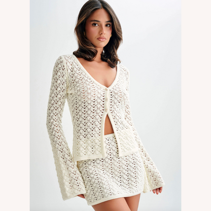 Women's Boho Chic Crochet Set - V-Neck Cardigan and Matching Mini Skirt in Breathable Cotton
