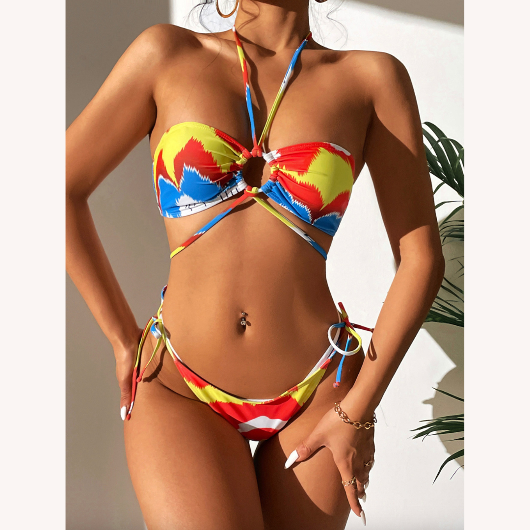Women's Colorful Three-Piece Swimsuit Set with Bikini Top and Matching Bottom – Boho Summer Style