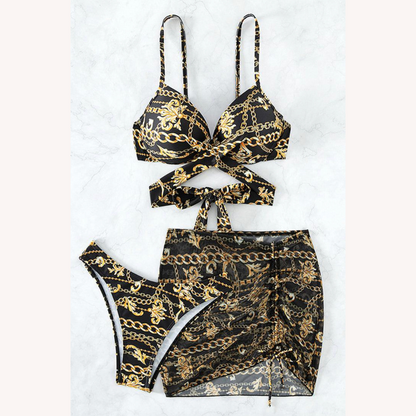 Women's Boho Three-Piece Bikini with Baroque Print and Lace-Up Details – Comfortable Swimsuit for Summer