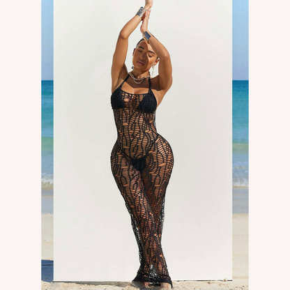 Elegant Long Women's Crochet Maxi Dress for Summer – Fitted Silhouette, Ideal for Beach and Evenings