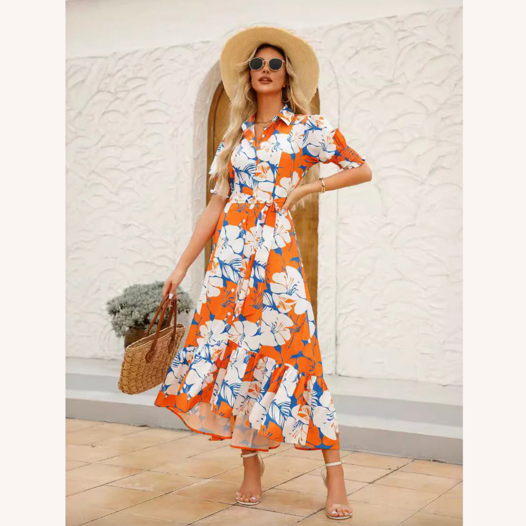 Robe Longue Femme Imprimée Florale Boutonnée avec Ceinture – Élégance d'Été en Polyester