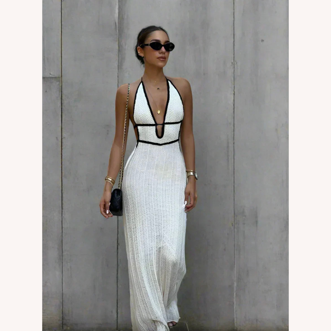 Robe Longue Femme Halter en Crochet Blanc – Élégance Été pour Mariages et Soirées
