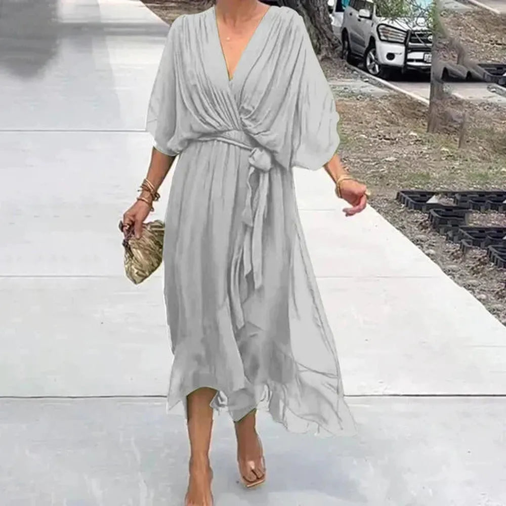 Variant image for Robe d'Été Longue Femme Chic avec Ceinture et Ourlet Asymétrique en Tissu Léger-17