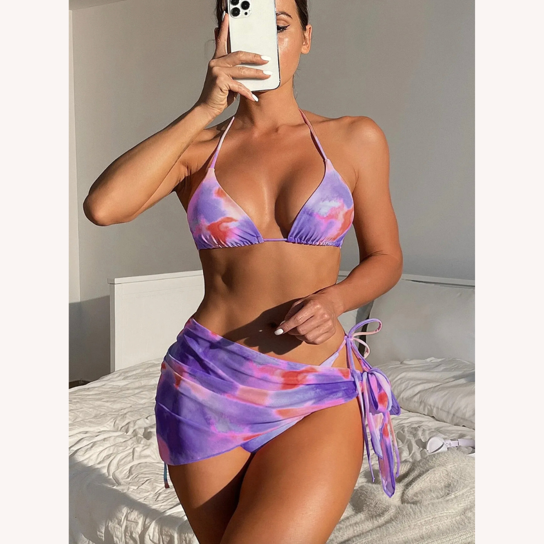 Ensemble de Maillot de Bain Femme Boho Tie-Dye en Trois Pièces avec Jupe Assortie – Confort Polyester, S, M, L