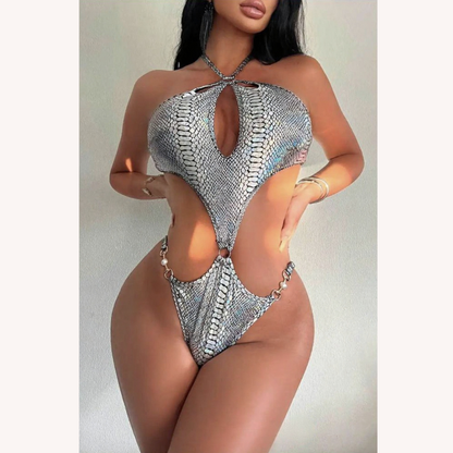 Women's Cut-Out Swimsuit with Beaded Details – Boho Glam Style, Halter Neck and Sensual Cut-Outs