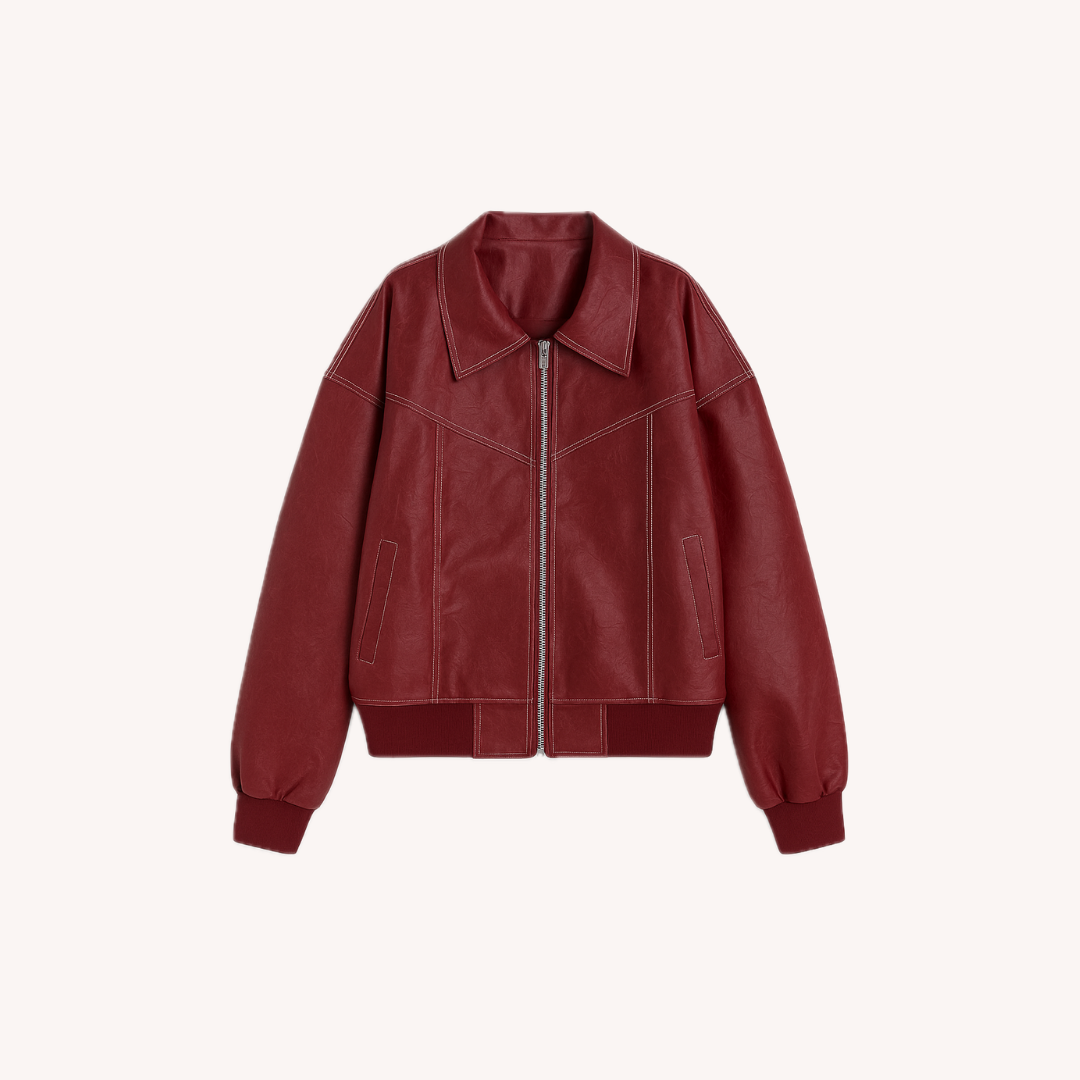 Veste Femme Bomber Oversize Rouge Taille M Similicuir Vegan
