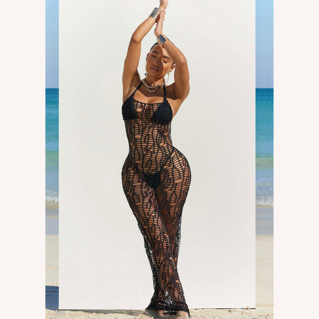 Elegant Long Crochet Dress for Women - Chic Coastal Maxi, Fitted Silhouette for Summer