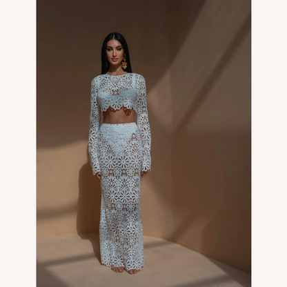 White Crochet Lace Set for Women – Long Sleeve Crop Top and Boho Chic Maxi Skirt