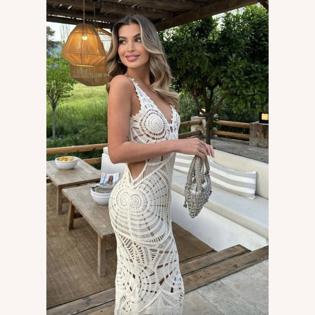 Women's White Midi Dress in Ethereal Crochet with V-Neckline – Bohemian Elegance