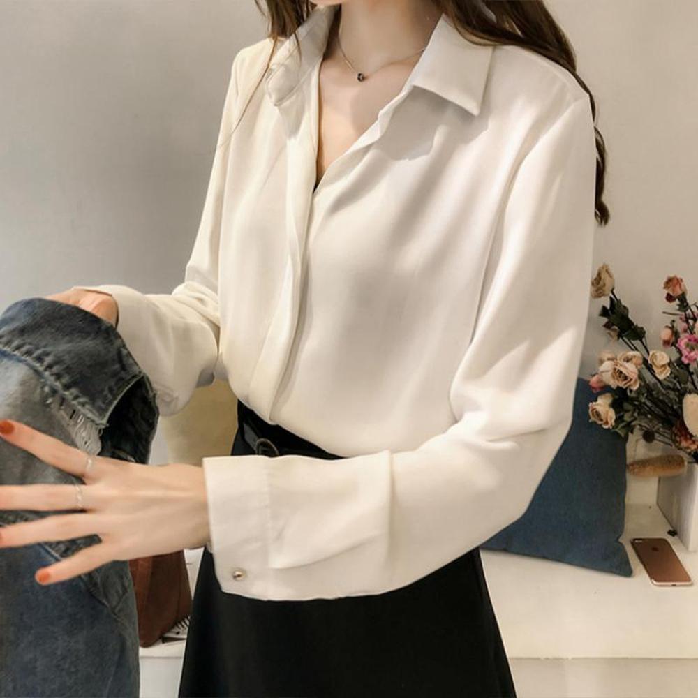 Classic White Women's Long Sleeve Shirt in Polyester – Elegant and Chic for the Office