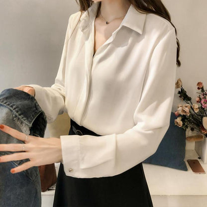 Classic White Women's Long Sleeve Shirt in Polyester – Elegant and Chic for the Office