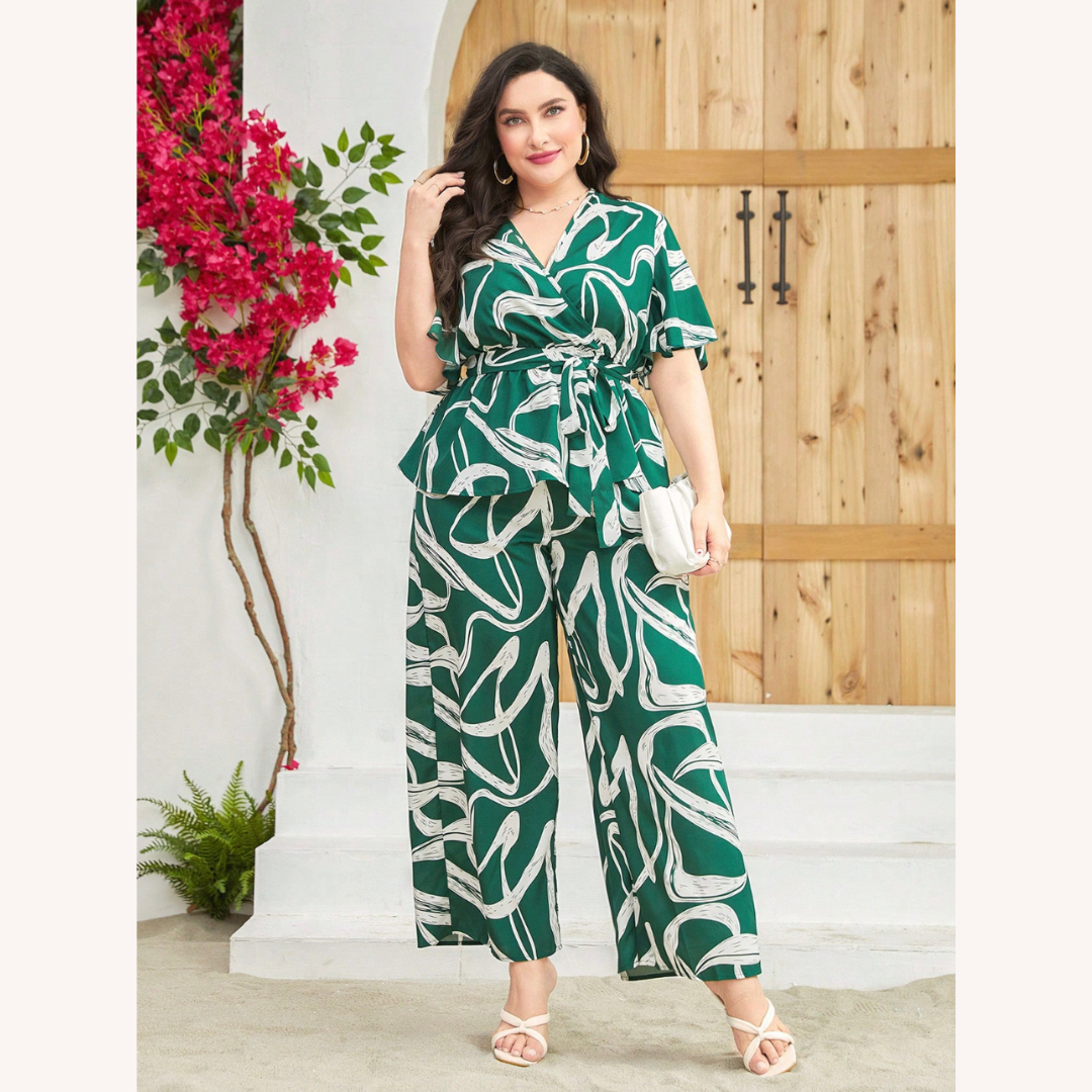 Ensemble Deux Pièces Femme Imprimé Abstrait Vert – Haut Cintré et Pantalon Large Taille Plus, Confort et Élégance