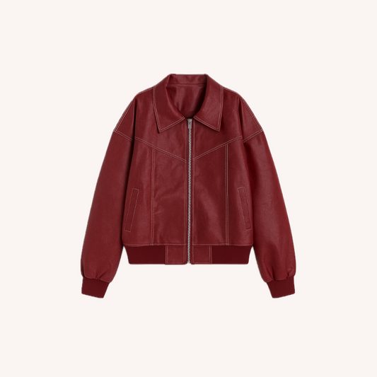 Women's Oversized Bomber Jacket Red Size M Vegan Faux Leather