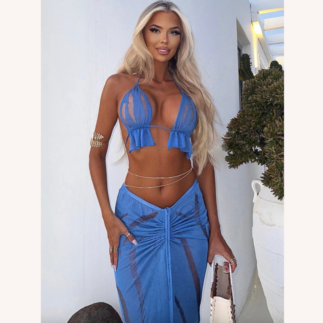 Ensemble Sexy à Lacets Sans Dos avec Détails à Volants pour Femme – Décolleté Licou, Ajustement Slim, Parfait pour l'Été