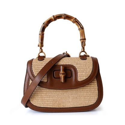 Women's Woven Straw Handbag with Bamboo Handle – Elegant and Practical Brown Shoulder Bag