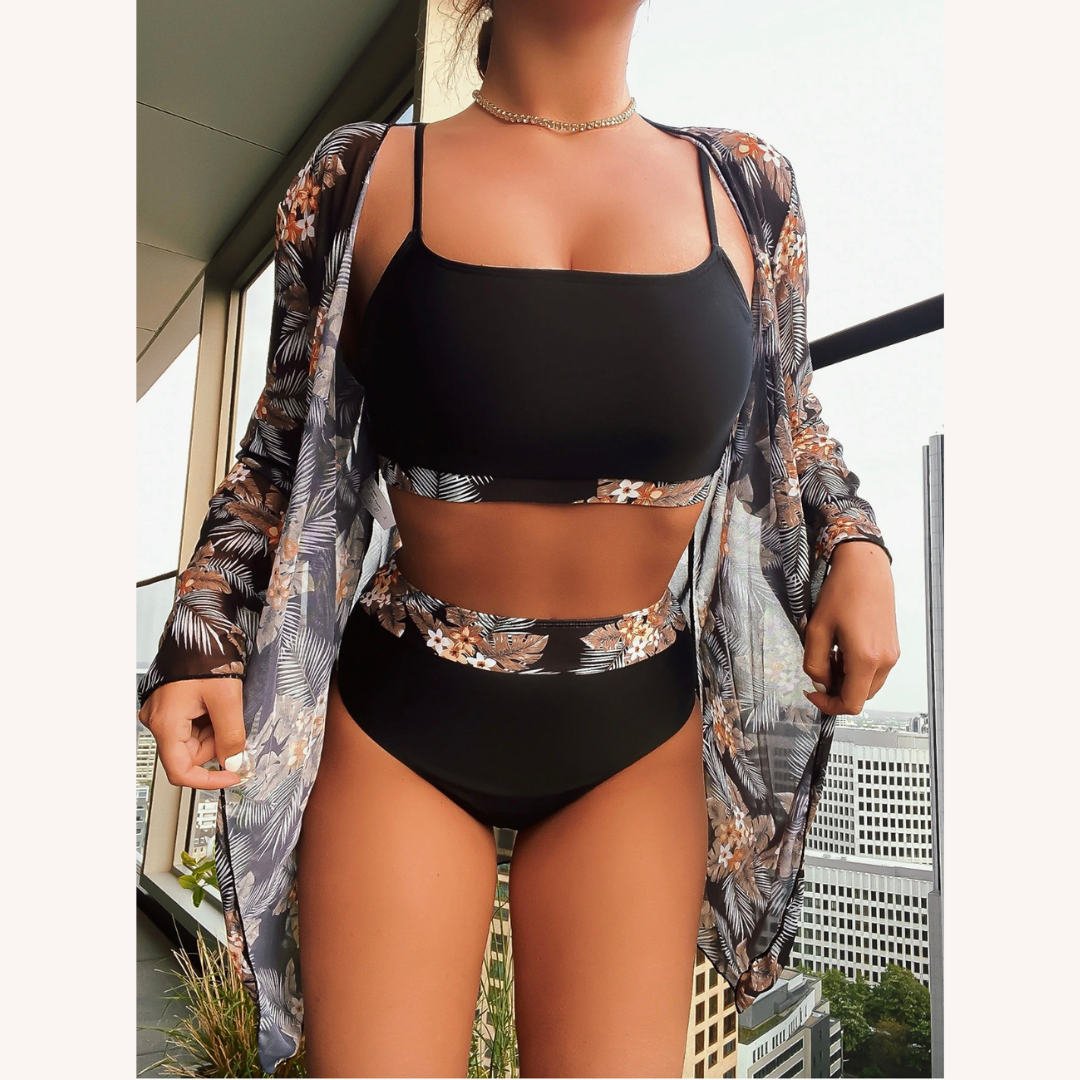 Women's Three-Piece High-Waisted Swimsuit with Long-Sleeve Blouse – Boho Chic Floral Style
