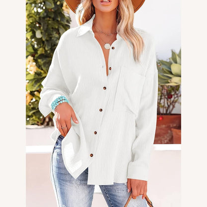 Variant image for Chemise Femme Décontractée en Coton Magenta, Manches Longues Retroussables, Texture Gaufrée-11