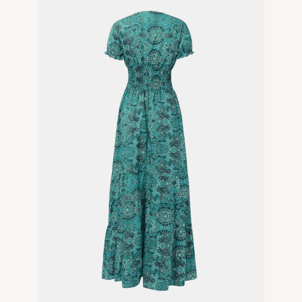 Robe Femme à Manches Courtes Col en V Imprimé Vibrant – Élégance et Confort pour Été