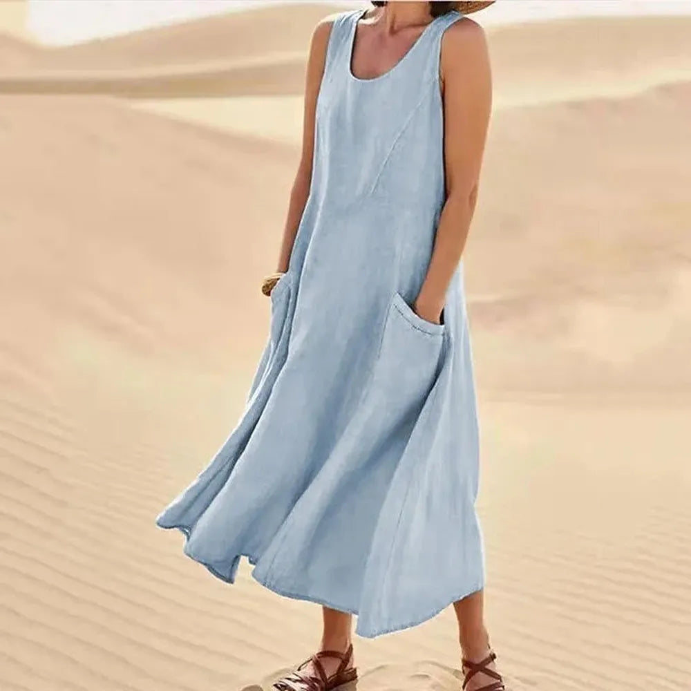 Robe Longue Femme Sans Manches en Coton et Lin avec Poches - Confort et Élégance d'Été