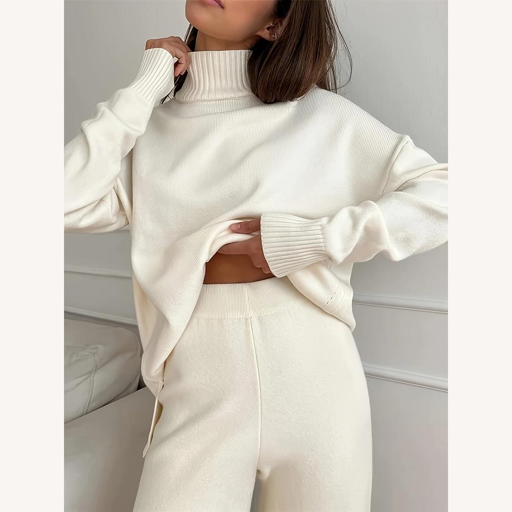 White Knit Lounge Set with Turtleneck Sweater and High-Waisted Wide-Leg Pants – Elegant Comfort for Women
