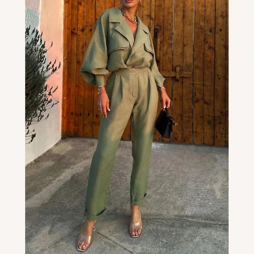 Combi Pantalon Femme Chic en Lin avec Manches Bouffantes et Taille Haute – Élégance pour Soirée