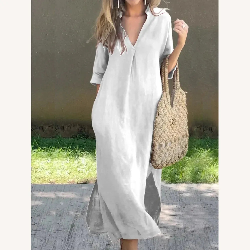 Robe Longue Femme en Lin à Col en V avec Poches – Élégante et Confortable, Disponible en Plusieurs Couleurs