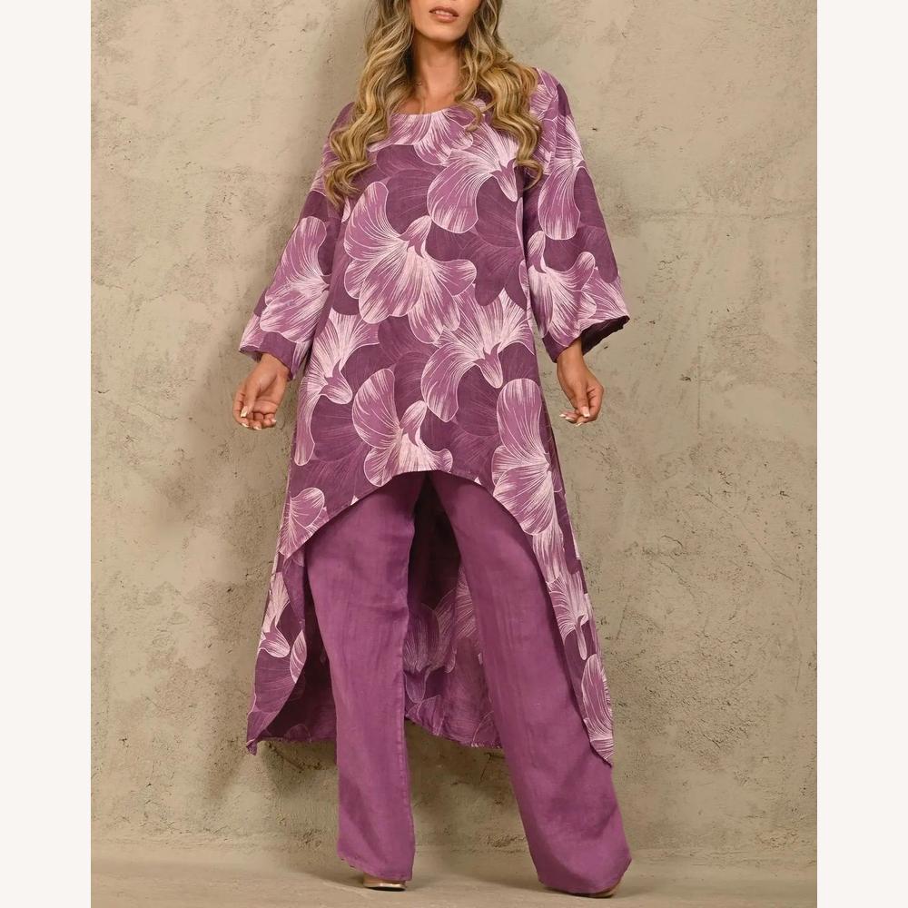 Ensemble Femme en Lin Léger avec Tunique Asymétrique et Pantalon Large – Style Décontracté et Élégant