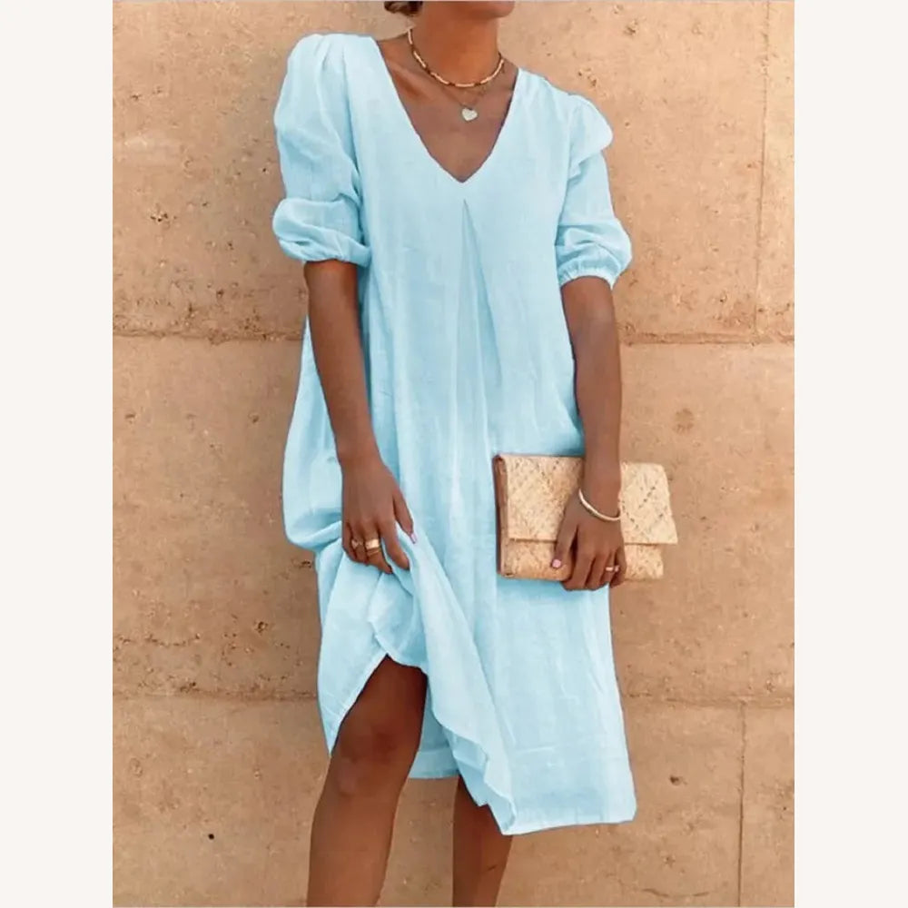 Women's Long Linen Dress with V-Neck - Casual Elegance for Summer, Comfortable and Light